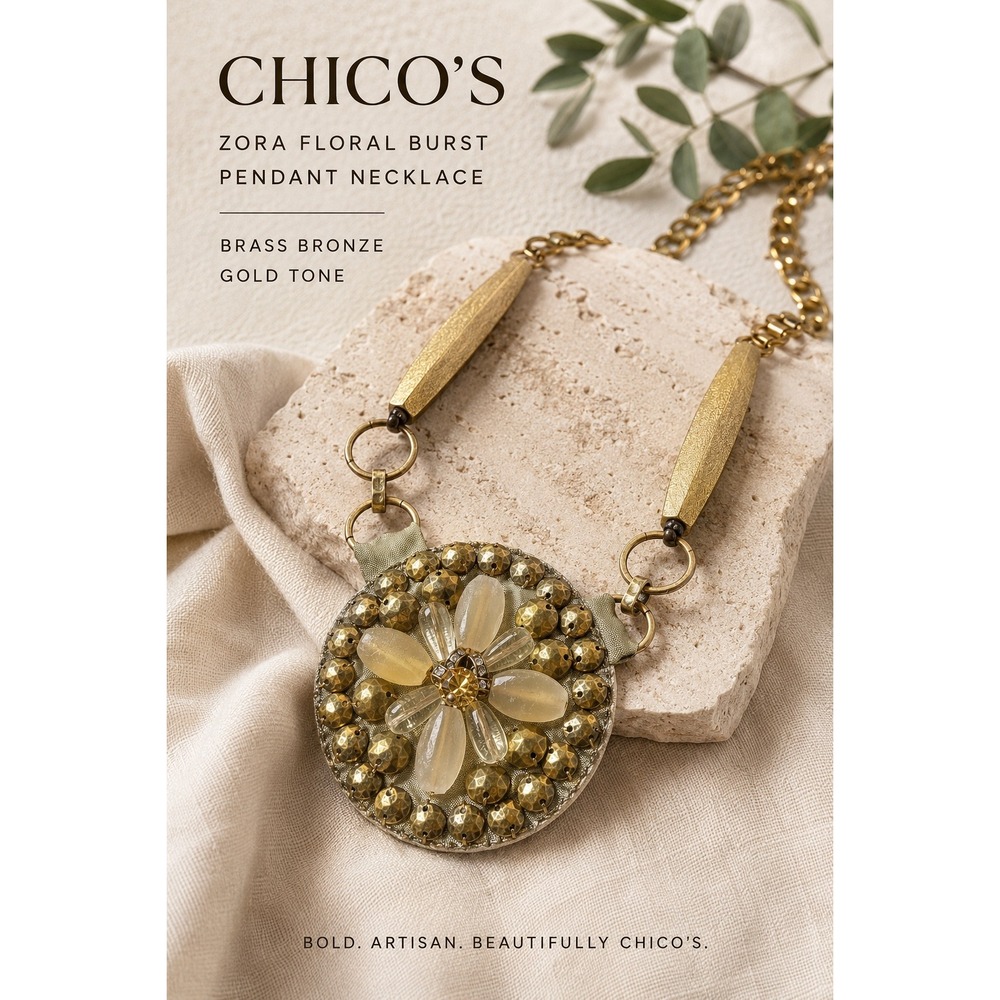 Chico's Zora Floral Burst Statement Necklace Gold Tone 20" 3" Medallion NWT